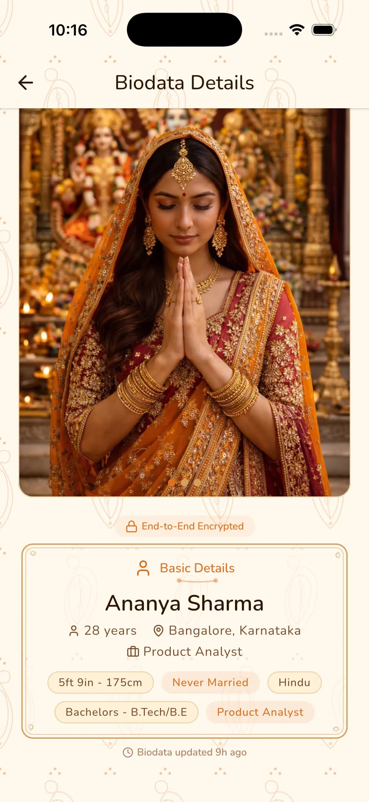 Hindu marriage biodata sample on ShareLync showing photo, name, age, location, and basic details in Heritage theme