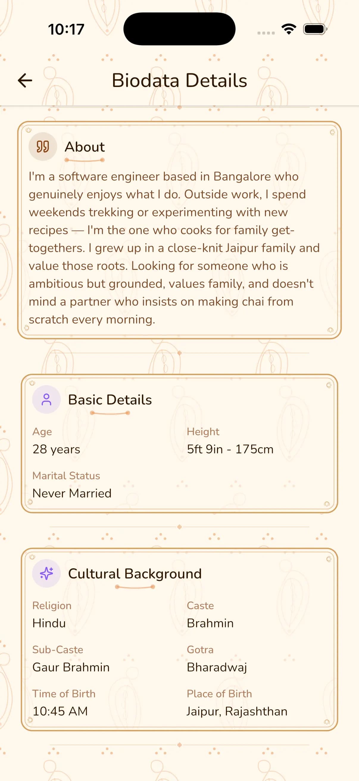 Hindu biodata cultural background section showing caste, sub-caste, gotra, birth time, and About Me section on ShareLync