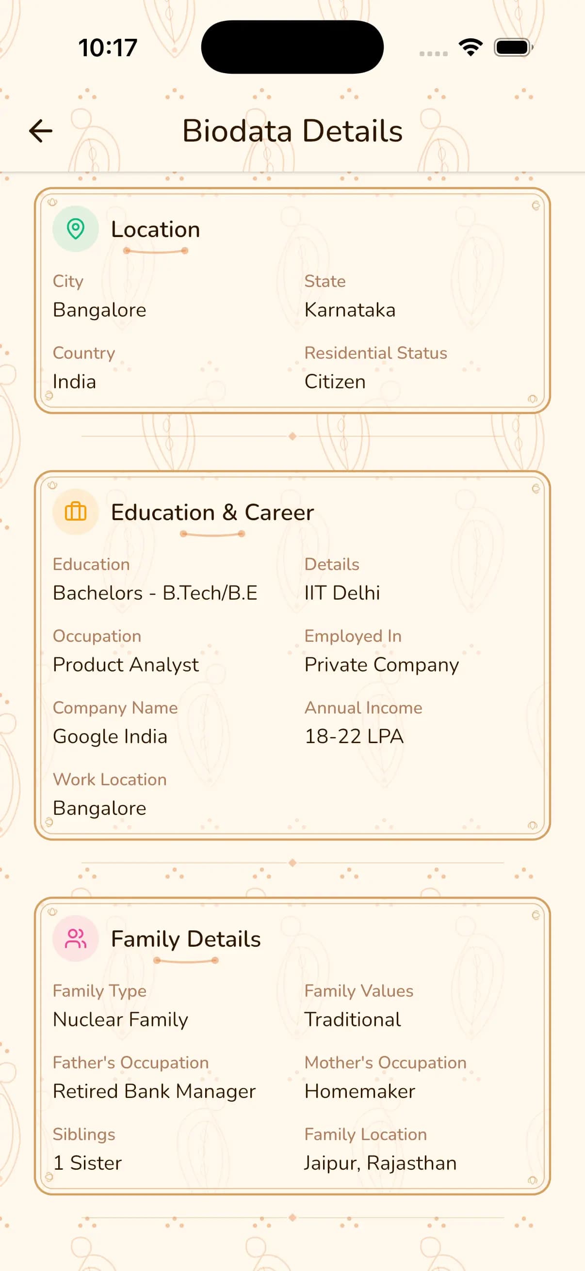 Hindu biodata education career and family details section showing IIT Delhi, Google India, annual income, and family information on ShareLync