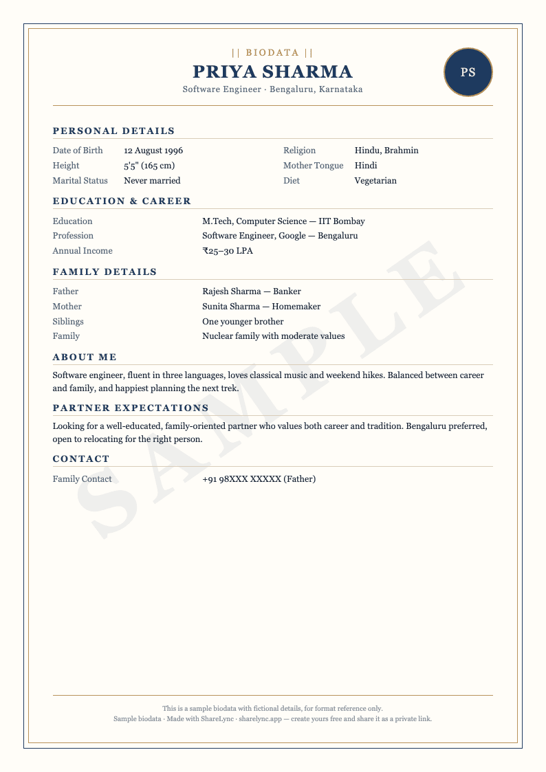 Marriage biodata format PDF sample — one-page biodata for Priya Sharma with personal, education, family, and partner expectation sections