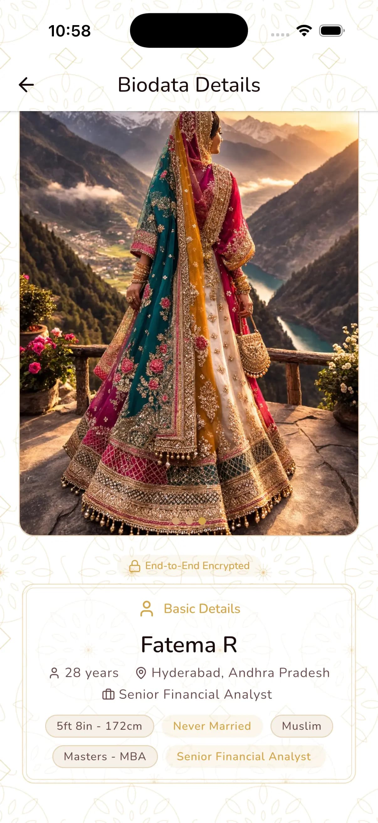 Muslim marriage biodata sample on ShareLync showing photo, name, age, location, and basic details