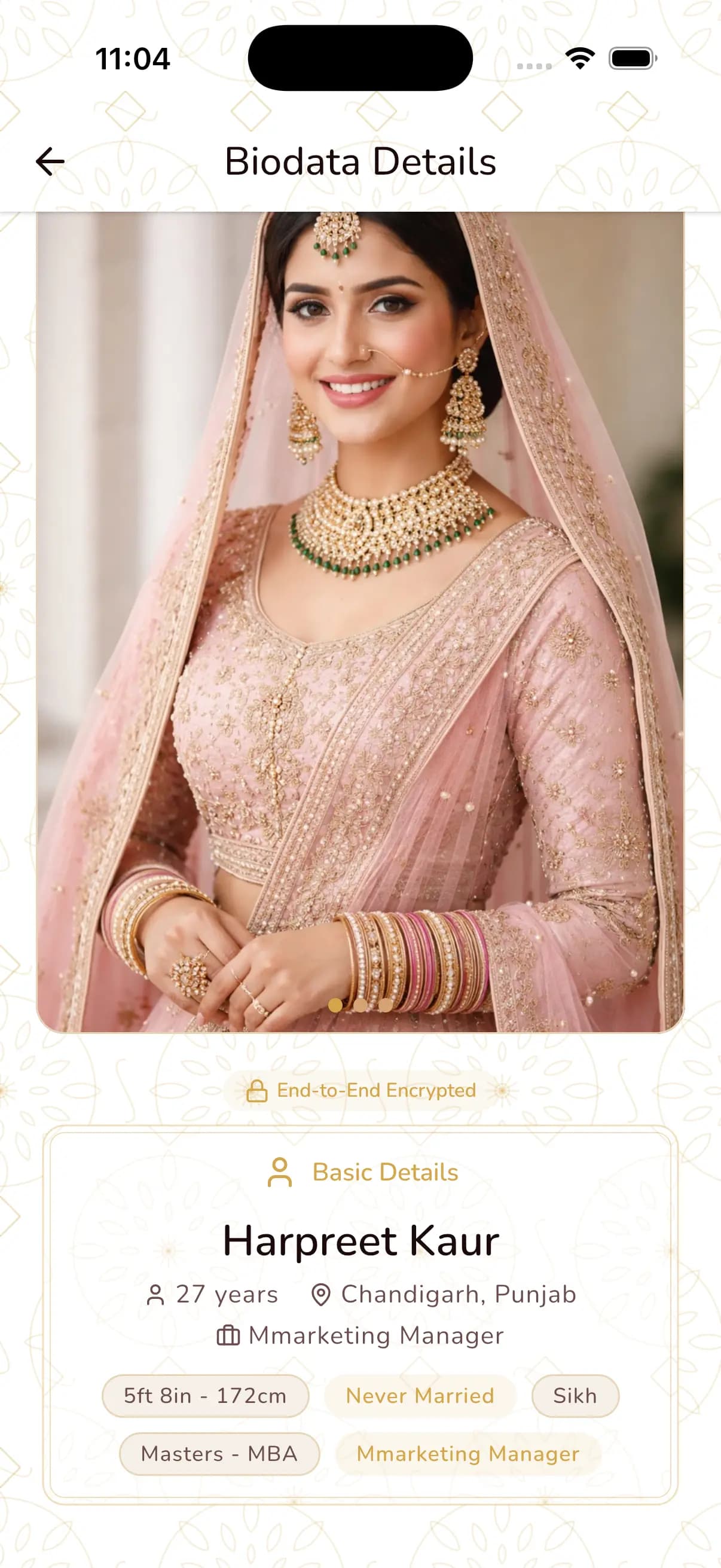 Sikh marriage biodata sample on ShareLync showing photo, name, age, location, and basic details