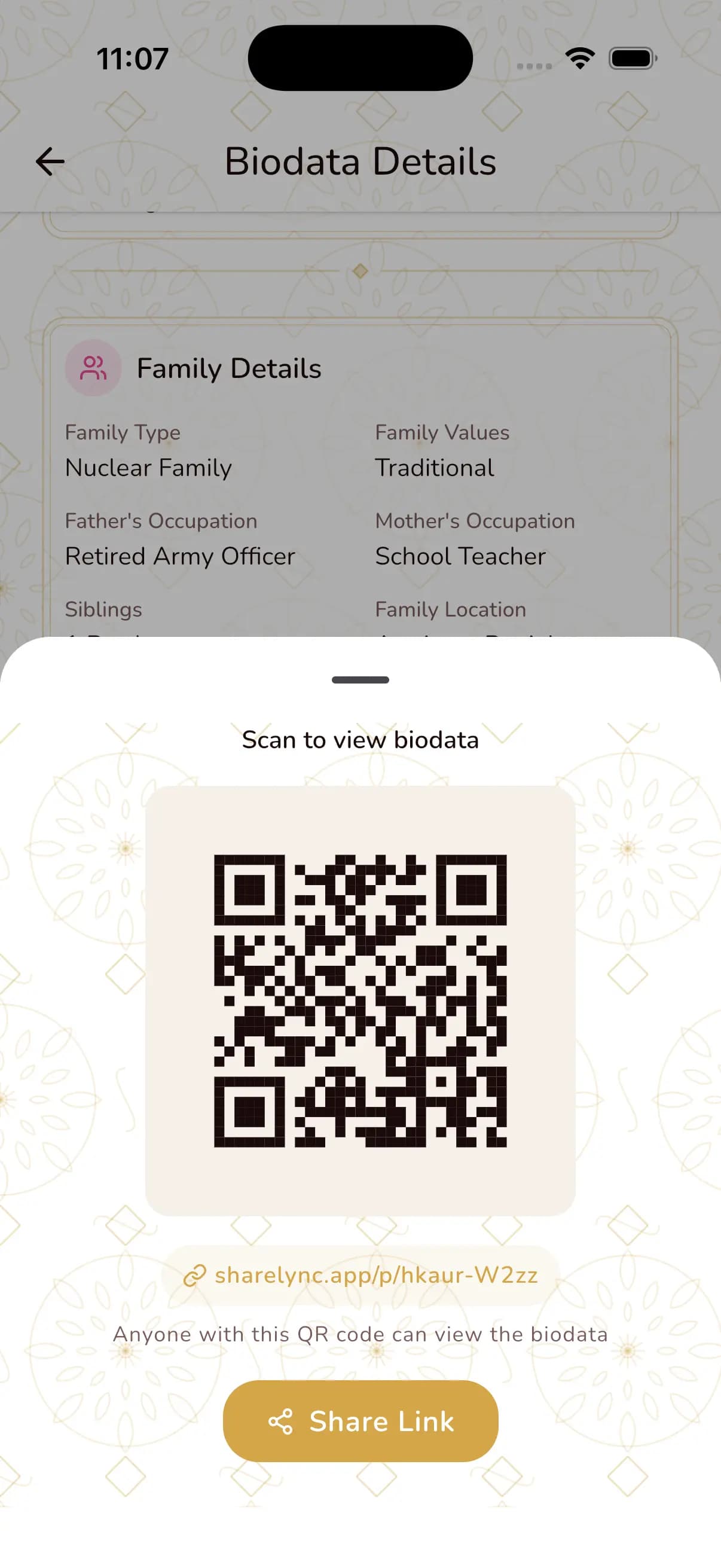 Sikh biodata family details and QR code sharing feature on ShareLync showing nuclear family, traditional values, and secure link