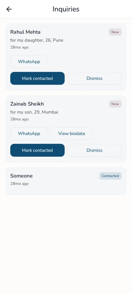 The Inquiries screen in the ShareLync app. It lists received inquiries from families, each with a name, a short note, a relative time, a New or Contacted status, and action buttons for WhatsApp, View biodata, Mark contacted, and Dismiss.